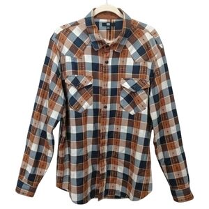 FRYE Mens Plaid Flannel Long Sleeve Snap Button Shirt XL brown, blue, white